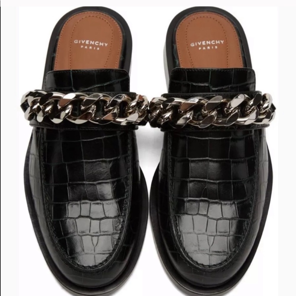 Givenchy chain slip on mules dark green croc